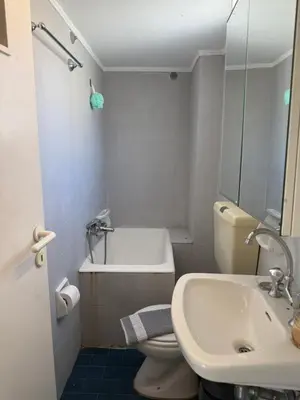 a bathroom with a white toilet and a sink at Beautiful apartment in Petralona in Mesochórion