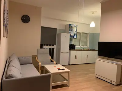 a living room with a couch and a tv and a kitchen at 1bedroom 300 meter Dafni metro in Athens