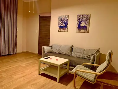 a living room with a couch and a table at 1bedroom 300 meter Dafni metro in Athens