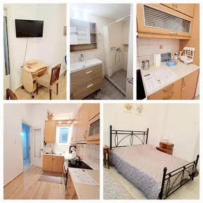 a collage of four pictures of a kitchen and a bedroom at Iris' Home in Piraeus