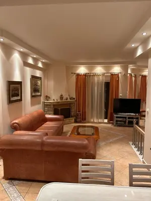 a living room with a brown couch and a television at Villa Clio in Porto Rafti