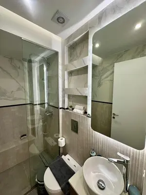 a bathroom with a sink and a shower and a toilet at Niarchos Park View Maisonette in Athens