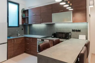 a kitchen with wooden cabinets and a counter top at The Athenian Spot in Athens