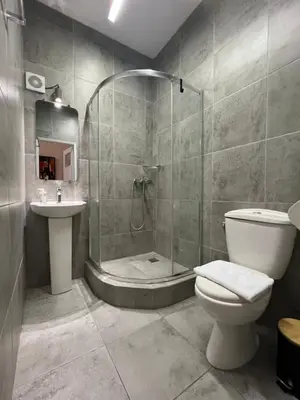 a bathroom with a shower and a toilet and a sink at Syntagma Artist Apartment 2BR 8G in Athens