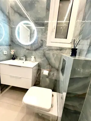 a bathroom with a white toilet and a sink at Modern familiar house under Acropolis in Athens