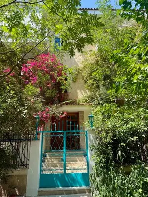 a house with a blue gate in front of it at Avra Deluxe Apartment in Athens