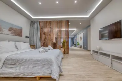 a bedroom with a large bed and a flat screen tv at The Garden of Eden Apartment in Piraeus