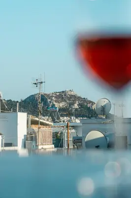 a close up of a glass of red wine at Skyline Spa Athens 110 in Athens