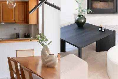 a kitchen and a table with a vase on it at Family Escape in Chalandri by UPSTREET in Athens