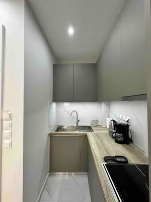 a small kitchen with a sink and a counter at Downtown modern apartment in Athens
