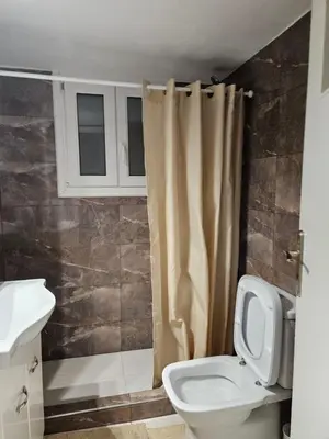 a bathroom with a toilet and a shower curtain at Apartment in Athens in Athens