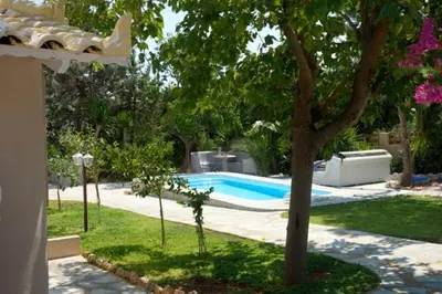a swimming pool in a yard with a tree at Villa Dendron in Aghia Marina