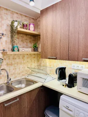 a kitchen with a sink and a microwave at Mosaic Apartment in Athens