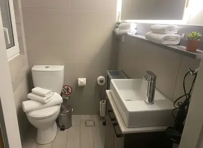 a bathroom with a toilet and a sink and towels at Cozy City Hideaway in Zografou in Athens
