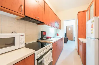 a kitchen with wooden cabinets and a white microwave at Heart of Athens Stay Apartment in Athens