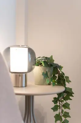 a table with a lamp and a plant on it at 2BR Apt Access To Rooftop with Sauna & Jacuzzi in Athens