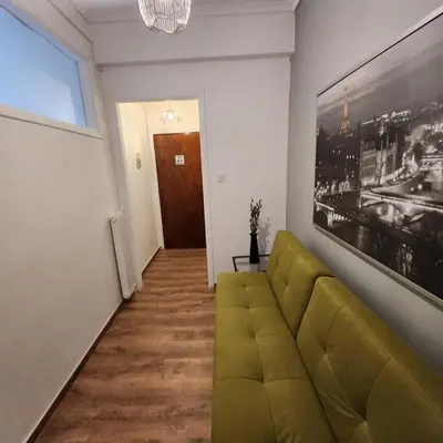 a living room with a green couch and a painting at Athens Nest one in Athens