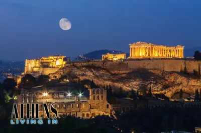 a view of the acropolis of athens at night at Comfortable & Modern Apt 4floor 3ppl in Piraeus
