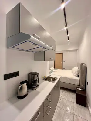 a kitchen with a sink and a bed in a room at Zeus Luxury Suite by Zeus Suites in Athens