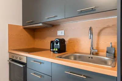 a kitchen with a stainless steel sink and wooden counters at Kali 56 in Athens