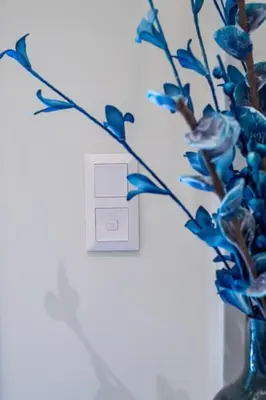 a blue vase with blue flowers and a light switch at Stylish Apartment-Κέντρο Αθήνα-15' περπάτημα από την Ακρόπολη in Athens