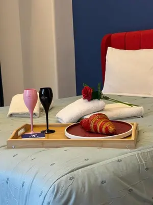 a tray with a plate of food and a glass of wine at Apollon Residence Patision by Zeussuites in Athens