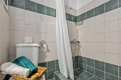 a bathroom with a shower with a toilet and a shower curtain at Salver Stays in Athens