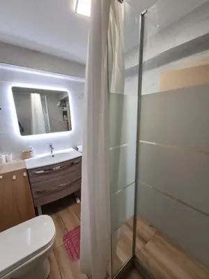 a bathroom with a shower and a toilet and a sink at Loft apartment by the sea in Athens
