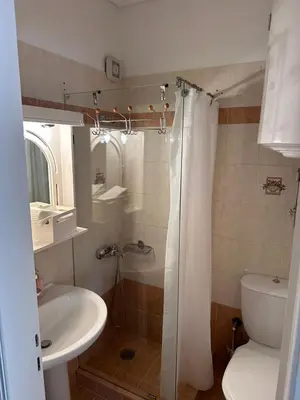 a bathroom with a shower and a toilet and a sink at Konstantina's Cozy central place to enjoy Athens in Athens