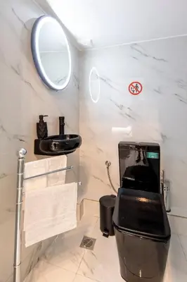 a bathroom with a black toilet and a sink at Aqua Bliss Piraeus in Piraeus