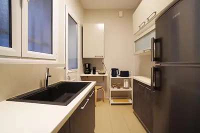 a kitchen with a sink and a black refrigerator at Athens Residence Ermou in Athens