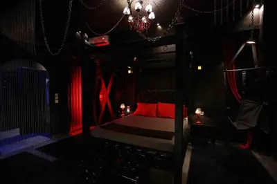 a dark room with a bed with a chandelier at Experience Room 102 - Castle De Paris in Athens