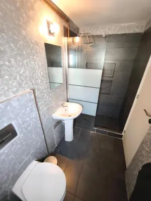 a bathroom with a white toilet and a sink at Athens Commercial Premium in Athens