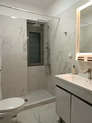 a bathroom with a shower and a sink and a toilet at My Seaview & Beach home in Athens