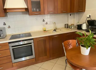 a kitchen with wooden cabinets and a table with a plant at Urban Comfort Stay in Peristeri in Athens