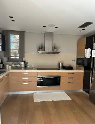 a kitchen with wooden cabinets and stainless steel appliances at BonVilla Seaview Oasis in Anavissos