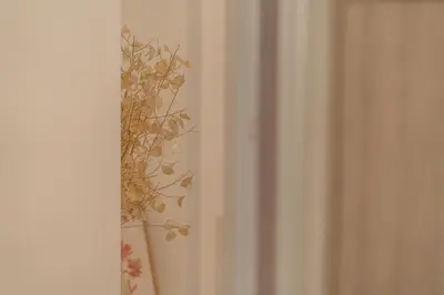 a vase with a plant in it next to a curtain at Belle Étage 4BD 3BA Apt Kypseli Athens in Athens