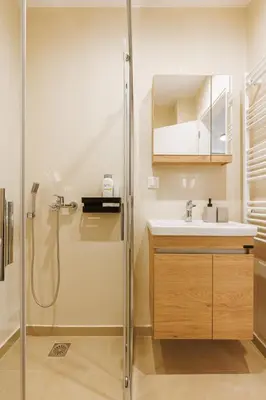 a bathroom with a shower and a sink at Charming 1BR Studio in the Heart of Athens in Athens