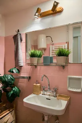a bathroom with a sink and a mirror and potted plants at Kefallinias Classic in Athens