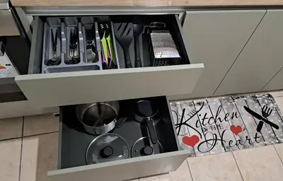 a drawer filled with utensils in a kitchen at Piraeus Port Rooms in Piraeus