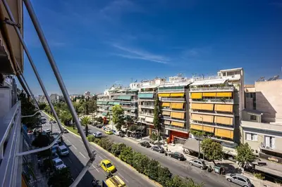 an aerial view of a city street with buildings at Stylish 2BD with Balcony in Central Athens in Athens