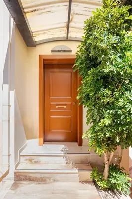 a wooden door in a building with a plant at Stylish 2BR-2BA condo in Glifada in Athens