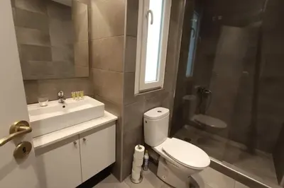 a bathroom with a toilet and a sink and a shower at Kolonaki Corner -- Bright 2-Bed close to Metro in Athens