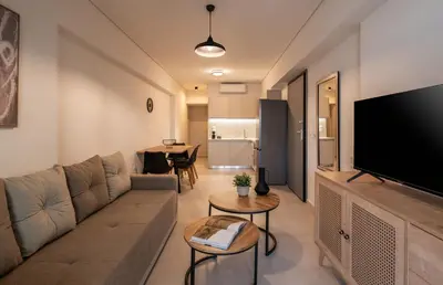 a living room with a couch and a flat screen tv at Elvita Apartments 5 in Athens
