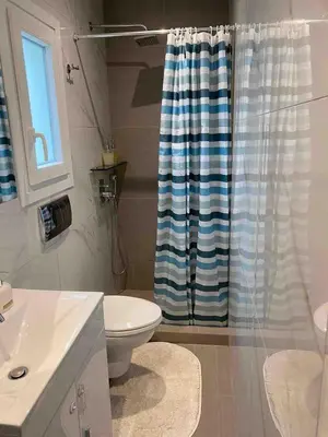 a bathroom with a toilet and a shower curtain at In the heart of Athens overlooking Kalligas Square! in Athens