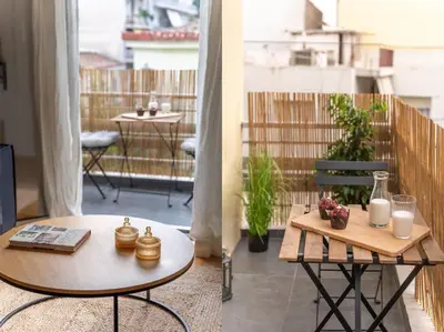 two pictures of a table on a balcony with milk bottles at Family-Friendly Thisseio Retreat Near Acropolis in Athens