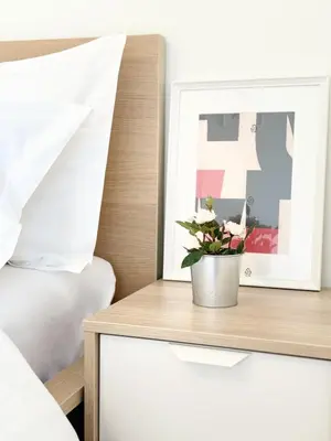a plant in a pot sitting on a shelf next to a bed at Glifada Luxury Two-Bedroom Suite in Athens