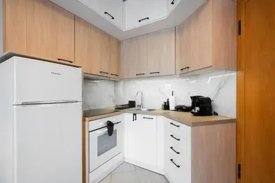 a kitchen with a white refrigerator and wooden cabinets at Elysian Lycabettus - Horizon in Athens