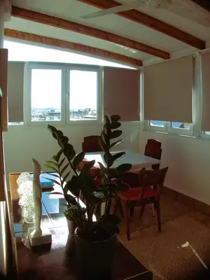 a dining room with a table and a potted plant at Sunny Penthouse in the Center of Athens in Athens