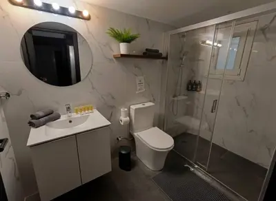 a bathroom with a toilet and a shower and a sink at Elektra Residence 2Bd Apartment in Monastiraki in Athens